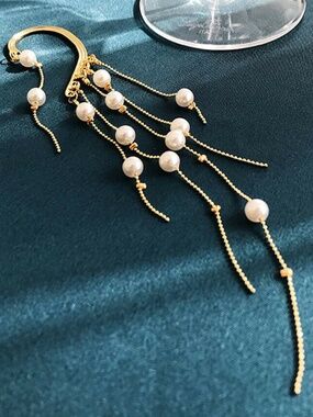 Women Long Non-piercing Clip On Earrings Polished Pearl Tassel Dangling Gift